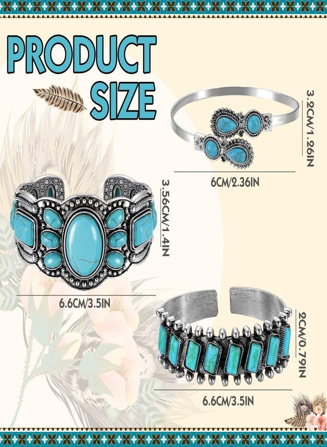 Highergo 3 Pcs Turquoise Bracelet for Women Bohemian Bracelet Western Bracelets Silver Cuff Bangle Fashion Jewelry - Image 3